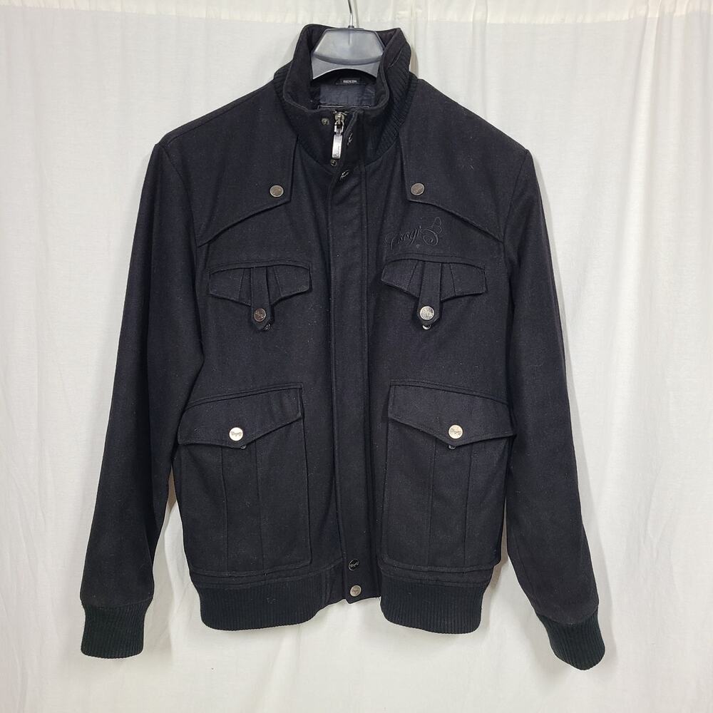 Coogi Men Bomber Zip Jacket Vintage Wool Blend Large Black